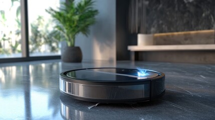 Poster - High-tech robot vacuum with a transparent dust bin showing collected debris
