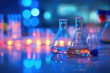 Poster - colorful laboratory glassware illuminated by vibrant led lights during a late-night science experime