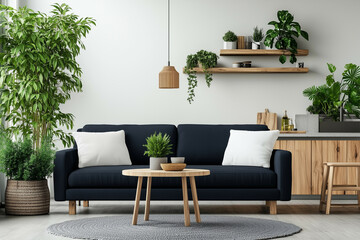 Mockup of two white pillows placed on a beige sofa in a modern living room with soft natural lighting.