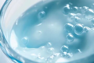 Poster - Bubbles dance in crystal-clear blue liquid inside a transparent glass bowl on a bright, sunlit surface. Generative AI