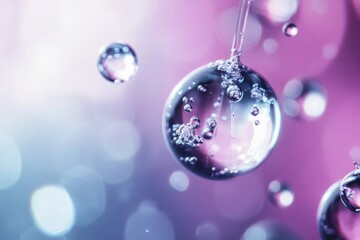 Poster - Bubbles suspended in a dreamlike atmosphere with hues of purple and blue at twilight. Generative AI