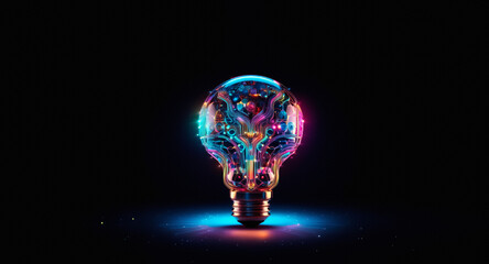 Aufkleber - A vibrant light bulb glows with neon colors against a dark backdrop. The bulb has intricate, colorful patterns, symbolizing bright ideas and innovation.