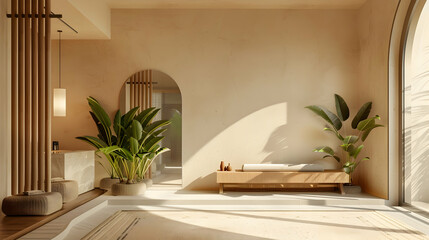Poster - Modern minimalist bathroom with natural light, plants, and serene atmosphere for relaxation