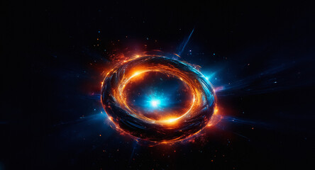 Fototapete - A cosmic ring of fire and blue light glows in the dark space. It resembles an energy portal or sphere, radiating bright and dynamic energy.
