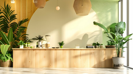 Poster - Modern interior design of a bright and airy reception area with greenery and wooden counter