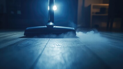 Poster - Modern vacuum cleaner with LED headlights illuminating dust on a dark wooden floor