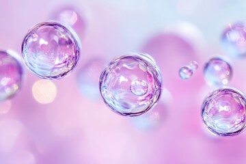 Poster - Beautiful translucent bubbles floating against a soft pastel background during a gentle afternoon light. Generative AI