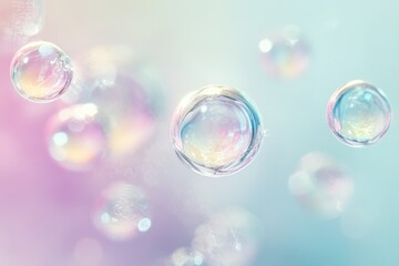 Poster - Delicate bubbles reflecting soft pastel hues create a whimsical atmosphere in a serene setting. Generative AI