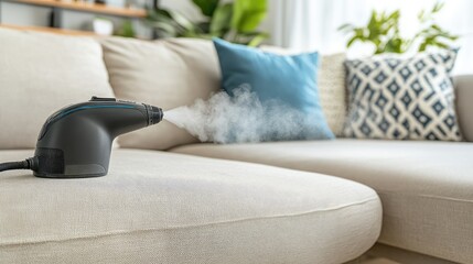 Poster - Portable steam cleaner disinfecting a light-colored fabric sofa with high heat