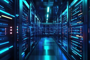 Poster - Exploring the futuristic data center filled with glowing blue lights and sleek server racks at night. Generative AI