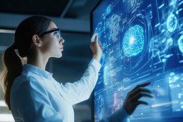 Poster - Innovative researcher interacts with a high-tech holographic display in a modern laboratory environment. Generative AI