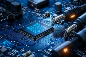 Poster - A 3D AI stock technology illustration focuses on a CPU central processor unit and chipset mounted on a printed circuit board, emphasizingelectronics and technology through selective focus and shallow