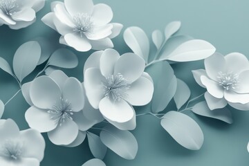 Poster - Delicate white flowers bloom gracefully against a serene teal background, creating a calming and elegant atmosphere. Generative AI