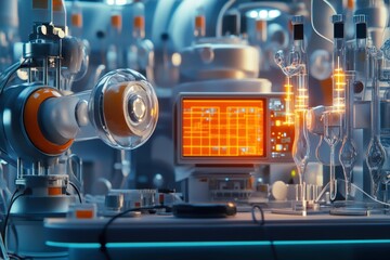 Poster - Futuristic laboratory showcasing advanced technology and robotics in a vibrant, neon-lit environment. Generative AI
