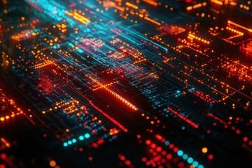 Fototapete - Vibrant, intricate digital landscape at night, highlighting technological evolution and creativity through generative AI