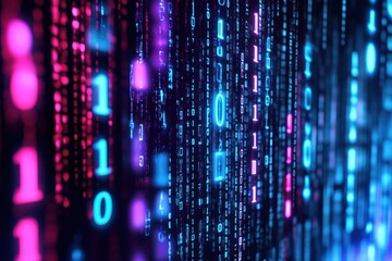 Fototapete - Digital transformation displays vibrant binary code in a mesmerizing display of blue and pink lights. Generative AI