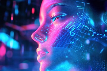 Poster - Futuristic portrait of a cybernetic figure illuminated by neon lights in a digital dreamscape at dusk. Generative AI
