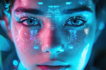 Poster - Futuristic visage illuminated by vibrant blue hues and intricate data patterns in a digital wonderland setting. Generative AI