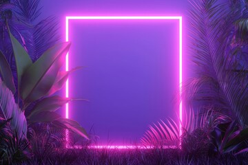 Poster - Nature-inspired, flat lay photograph showcasing a creative fluorescent layout with tropical leaves and neon square lights