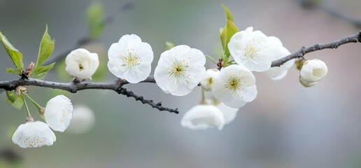 Poster - Cherry-white flowers bloom magnificent in the spring, framed by nature's floral scenery, and offer generous copyspace