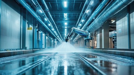 Poster - Robotic arm automatically adjusting spray angle inside a car wash tunnel