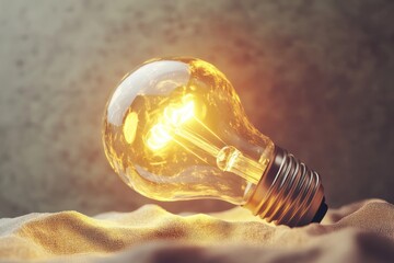 Poster - Bright amber light bulb glowing softly on a textured surface in a cozy, warm setting during evening hours. Generative AI