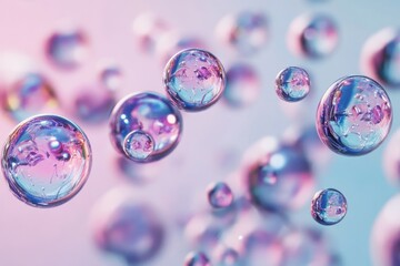 Poster - Floating spheres create a mesmerizing dance of iridescent colors in a dreamy, soft-lit atmosphere. Generative AI