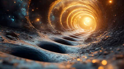Wall Mural - Cosmic Passage: A surreal, abstract depiction of a wormhole or tunnel, bathed in an ethereal glow, inviting exploration beyond known boundaries.