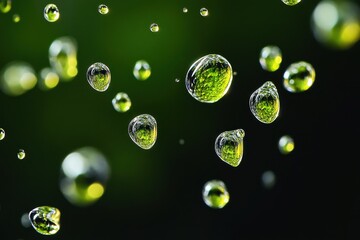 Poster - Raindrops embrace green leaves under a vibrant light, reflecting nature's beauty and creating a captivating dance of droplets. Generative AI