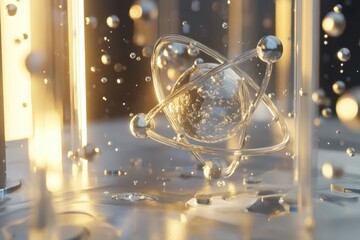 Poster - Illuminated atom amidst floating droplets in a futuristic laboratory setting. Generative AI
