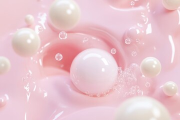 Poster - Elegant pink swirls with floating white pearls and bubbles create a serene and dreamy atmosphere in a delicate setting. Generative AI