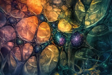 Poster - Intricate patterns of life explored through vibrant colors and abstract shapes in an imaginative landscape. Generative AI