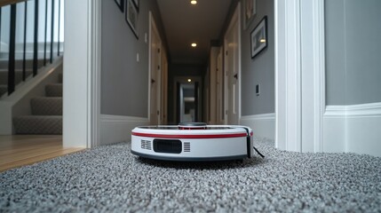 Poster - Robot vacuum cleaner crossing from carpet to tile, demonstrating seamless floor transition