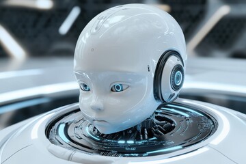 Poster - Futuristic robot head with glowing blue eyes showcases advanced technology and intriguing design in a high-tech environment. Generative AI
