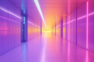 Poster - Vibrant neon hallway with radiant colors at sunset in an ultra-modern architectural space. Generative AI