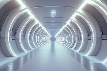 Poster - Futuristic corridor illuminated by sleek lights in a cutting-edge architectural setting at dusk. Generative AI