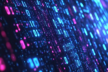 Fototapete - Vibrant data streams illuminate a digital landscape filled with binary code at night, showcasing mesmerizing technology. Generative AI