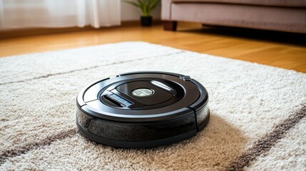 Poster - Robot vacuum transitioning smoothly from hardwood to carpet with adaptive sensors