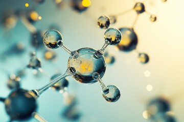 Poster - Captivating molecular structure illuminated in a soft gradient of blue and gold showcasing the beauty of science. Generative AI