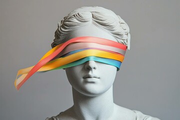 Canvas Print - A marble statue with colorful ribbon blindfolds, symbolizing perception, vision, and identity through a modern artistic lens