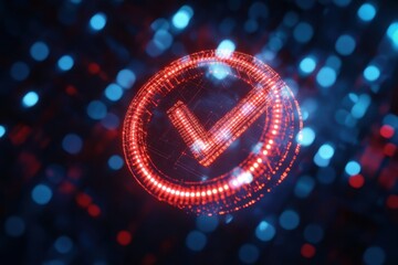 Fototapete - Vibrant digital checkmark glowing in a sea of colorful bokeh lights at night. Generative AI