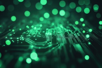 Fototapete - Vibrant green circuits illuminate a digital landscape of interconnected nodes at twilight in a futuristic dimension. Generative AI