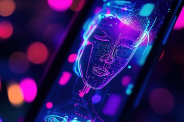 Aufkleber - Vibrant digital artwork of a futuristic face with neon hues illuminating a dark space. Generative AI