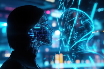 Poster - Engaging in a profound connection with a digital entity in a vibrant cybernetic world. Generative AI