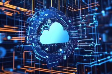 Poster - Discovering the potential of cloud computing through futuristic digital visualization in a vibrant tech landscape. Generative AI