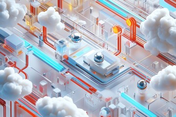Poster - Vibrant abstract digital landscape with flowing lines and ethereal clouds in a modern tech-inspired environment. Generative AI