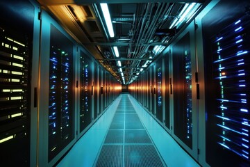 Poster - Illuminated data center corridor showcasing advanced technology and vibrant lighting in a modern server facility. Generative AI