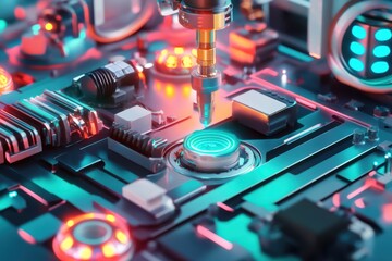 Poster - Intricate machinery illuminated by neon lights highlights the artistry of technology in a futuristic workspace. Generative AI