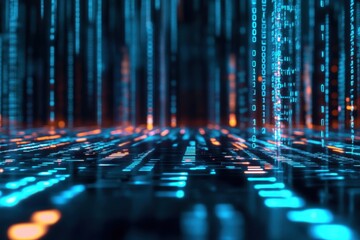 Fototapete - Exploring the mesmerizing flow of digital data streams in a vibrant cyber landscape at night. Generative AI