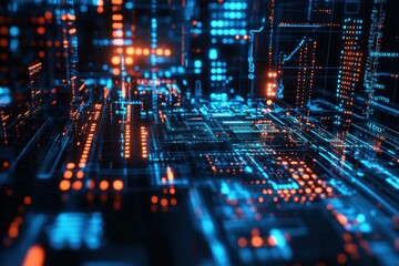 Poster - Vibrant digital landscape showcases intricate circuitry in a futuristic technology realm at night. Generative AI